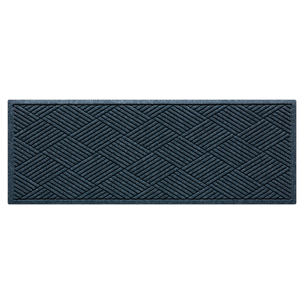 Overhead of a 2x5 Diamonds outdoor runner with a relaxed blue surface and crisscrossing linear pattern.