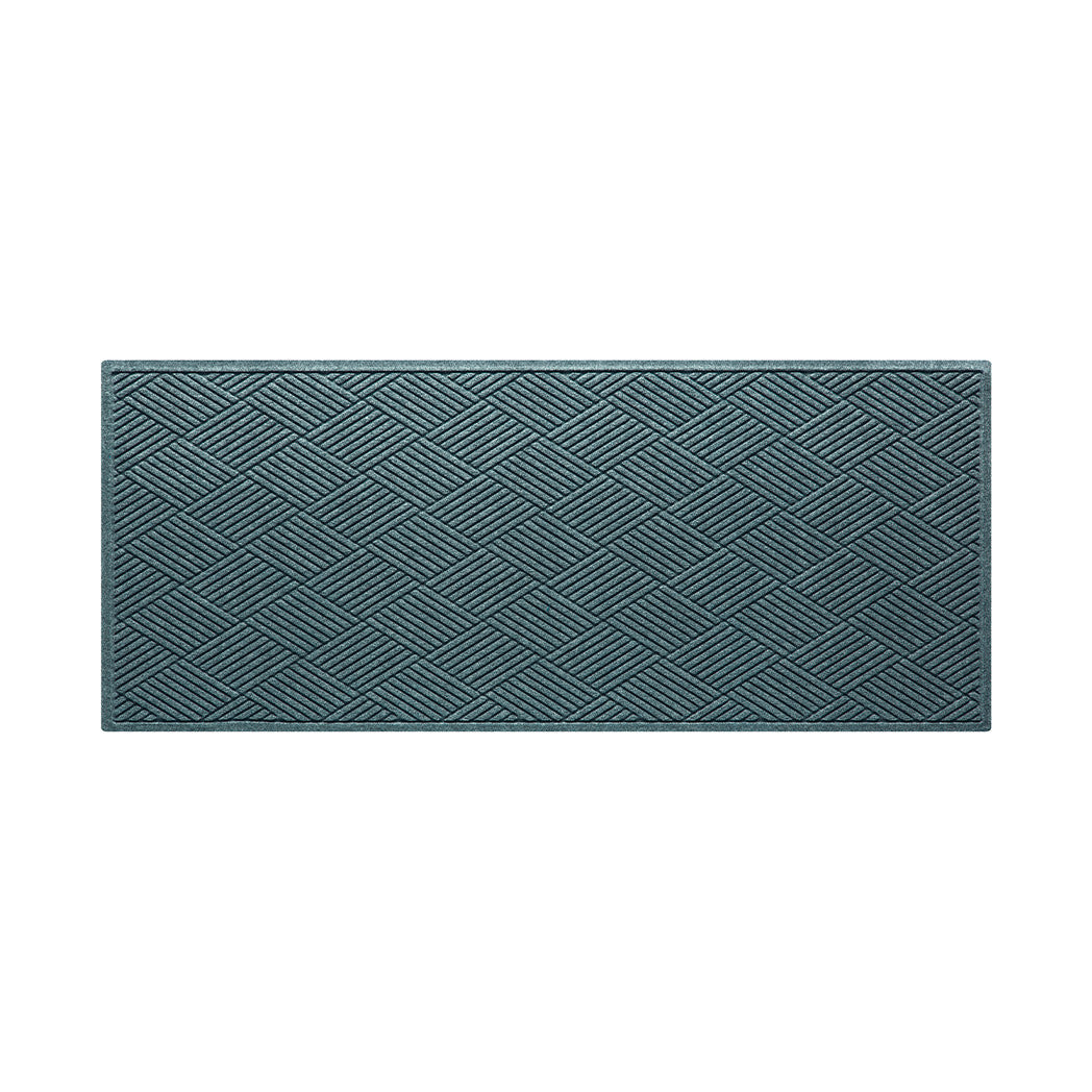 A premium WaterHog 3x7 Diamonds all-weather runner mat in a light blue/grey crisscrossing linear pattern.