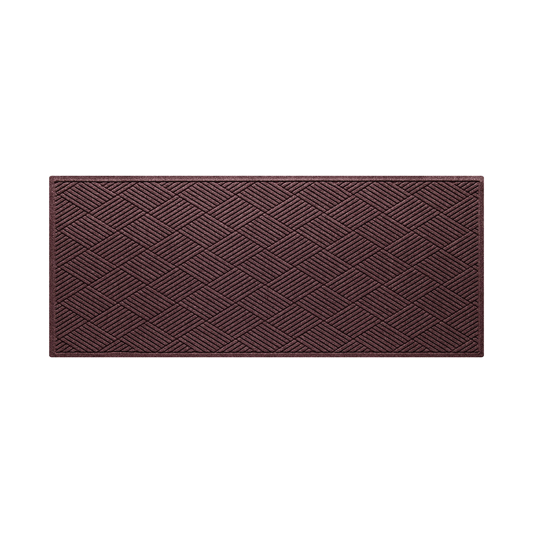 A classic WaterHog 3x7 outdoor runner in a deep wine red surface and crisscrossing linear pattern.