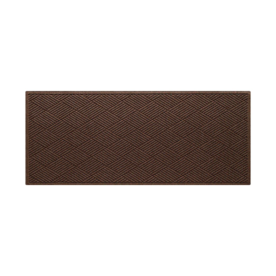 Authentic WaterHog 3x7 all-weather runner in a dark earthy brown crisscrossing linear pattern.