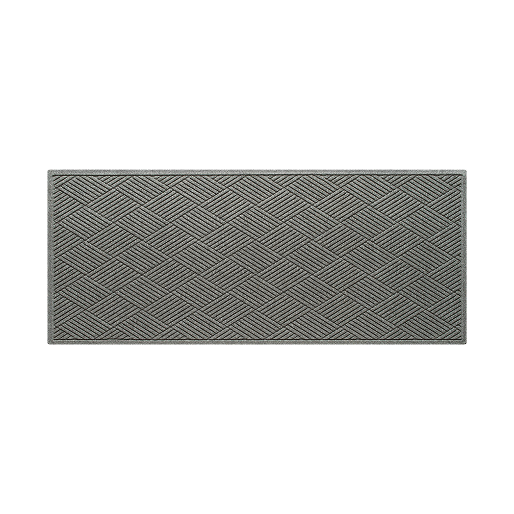 A WaterHog 3x7 indoor/outdoor luxury runner with a light grey surface and crisscrossing linear pattern.