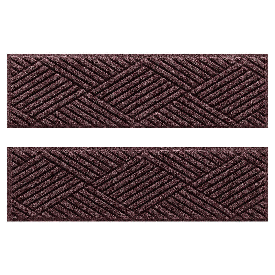 Two WaterHog Diamonds water-resistant stair treads with a deep wine red surface and crisscrossing linear pattern.