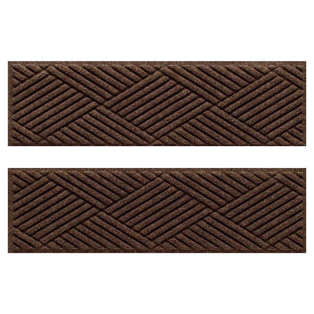 WaterHog indoor/outdoor stair treads in a dark earthy brown surface and crisscrossing linear pattern.