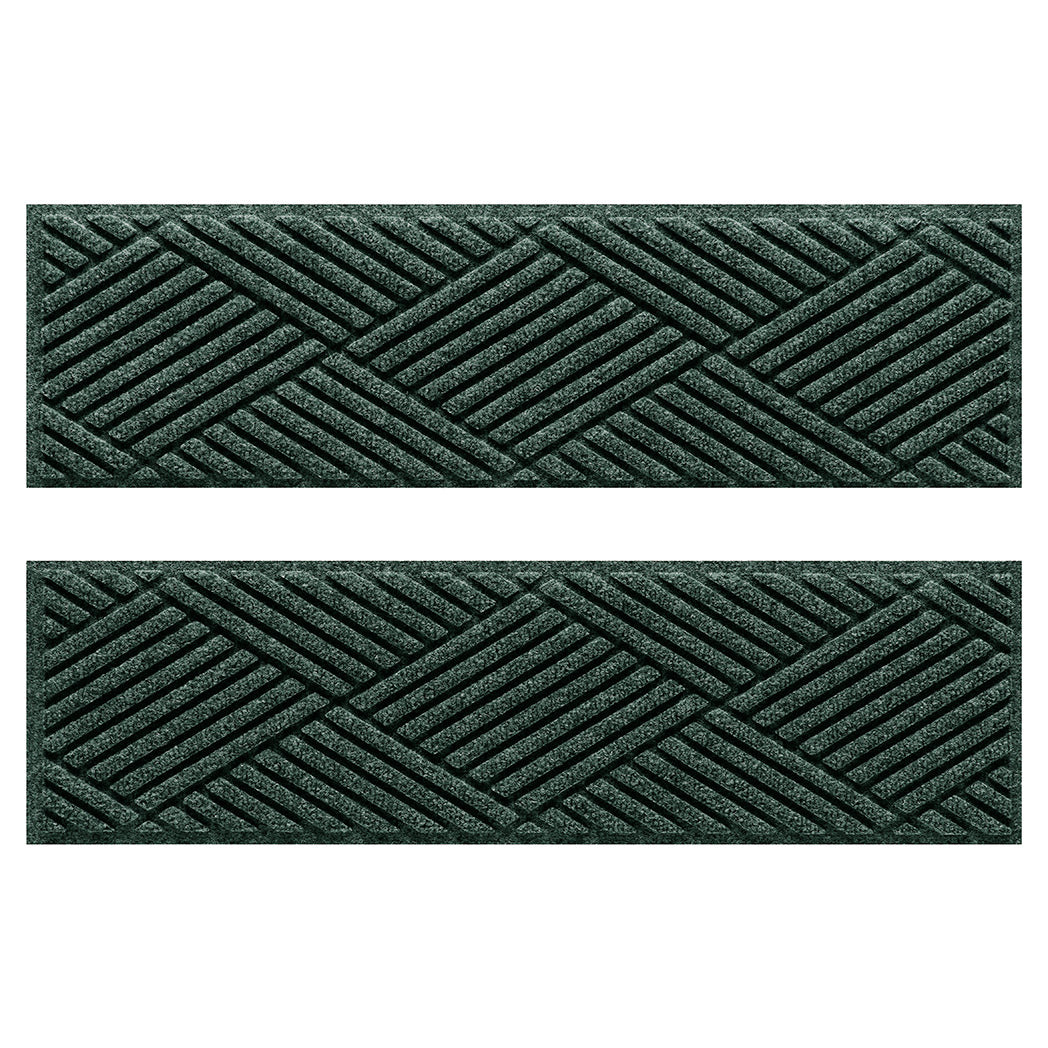 Overhead of a Pair of WaterHog Diamonds stair treads with a deep green crisscrossing linear design.