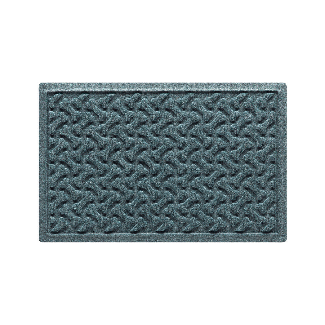 A 18x27 WaterHog Dog Bones bowl mat overhead, in a light blue/grey, fast-drying, bi-level surface.