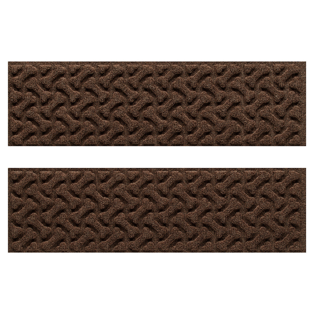 WaterHog indoor/outdoor stair treads in a dark earthy brown surface and repeating squares pattern.