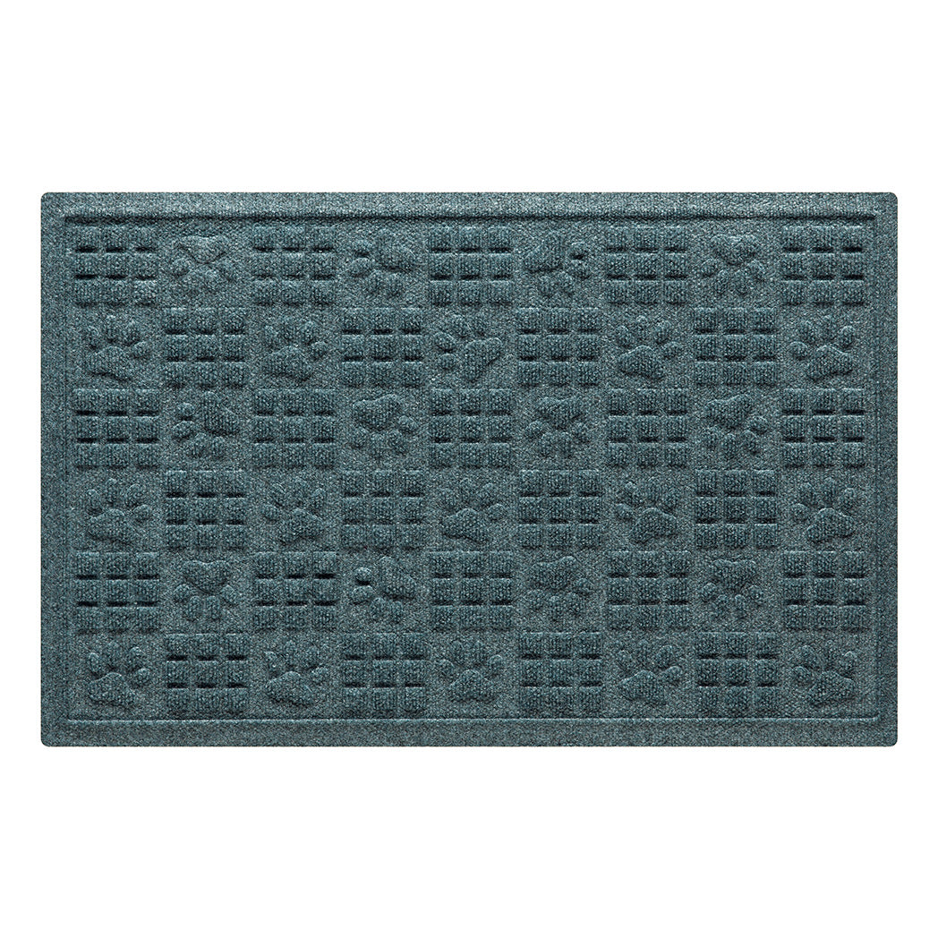 Overhead of a 2x3 WaterHog doormat with alternating square and paw print pattern with a light blue/grey surface. 