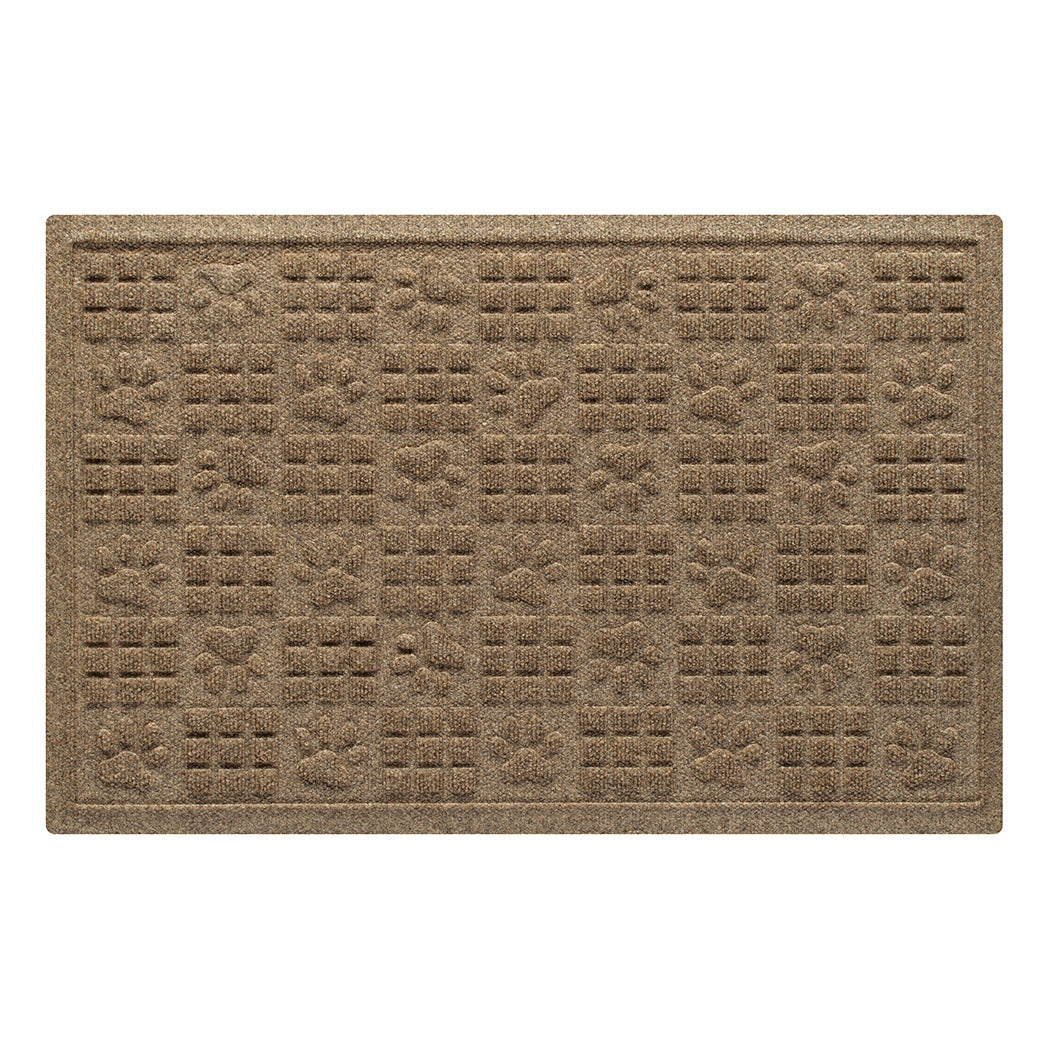 Overhead of a 2x3 light tan bi-level WaterHog doormat with alternating squares and paw print pattern. 