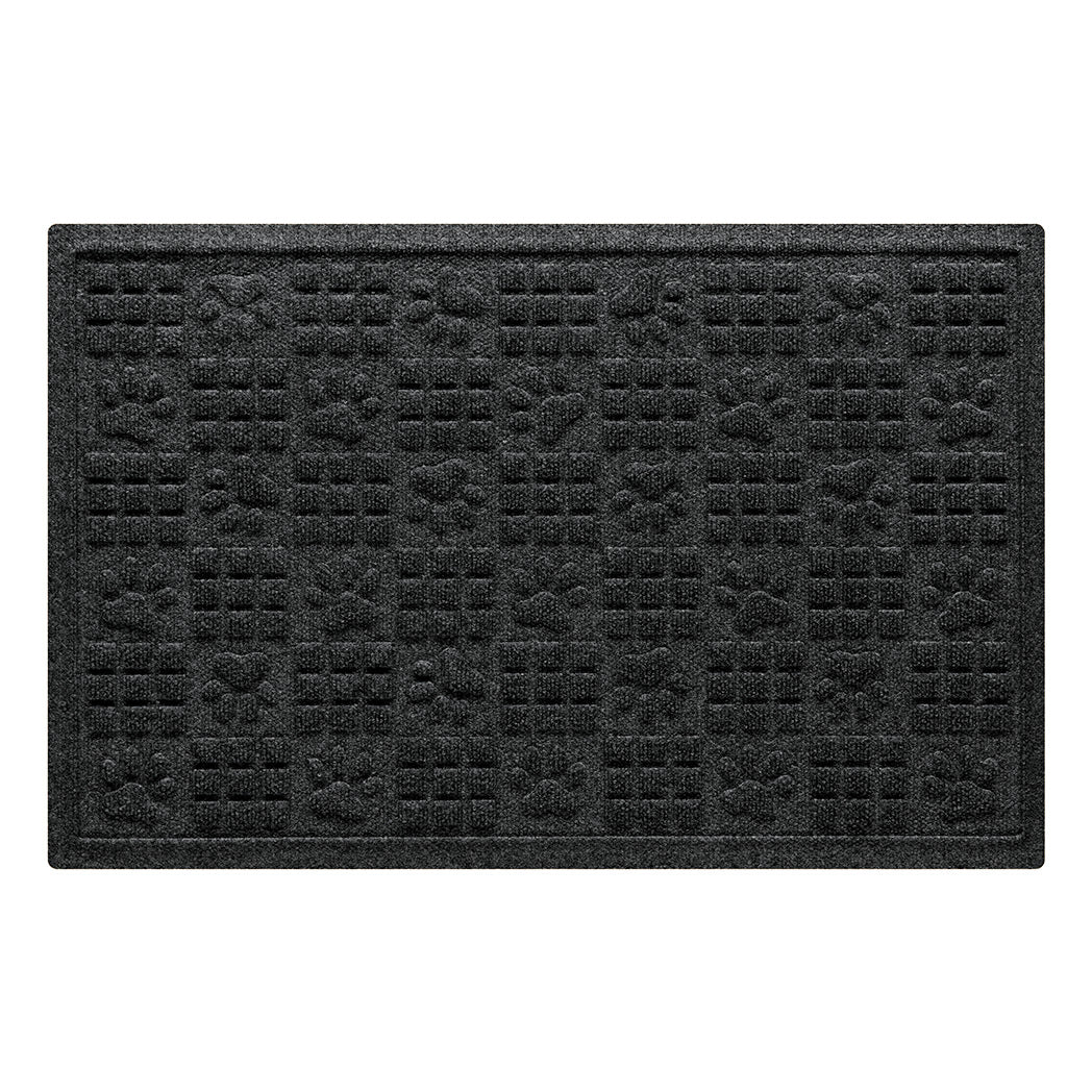 An overhead view of a 2x3 WaterHog Dog Paw Squares bi-level doormat, with a deep grey surface and durable rubber backing.