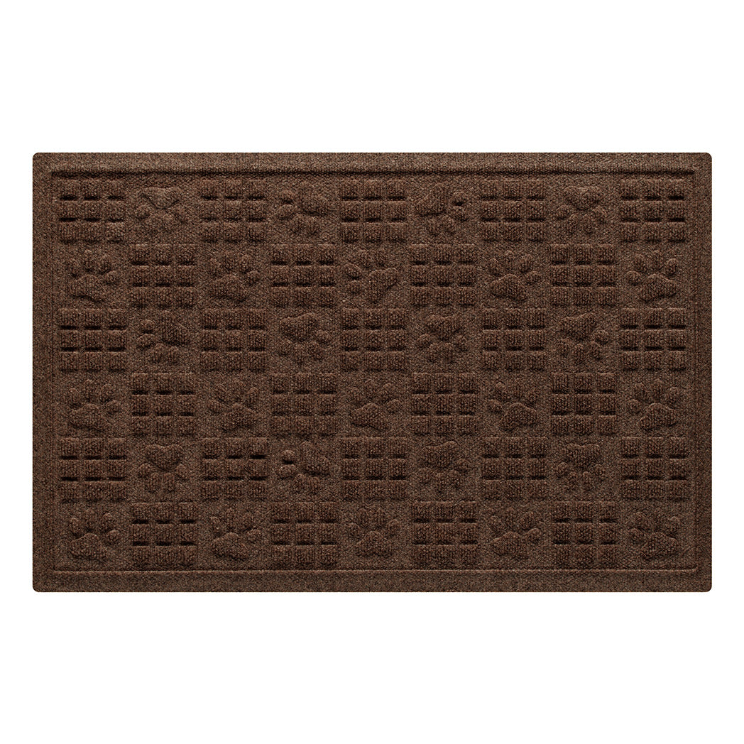 An all-weather WaterHog doormat with an alternating squares and paw prints pattern in a dark brown, bi-level surface. 