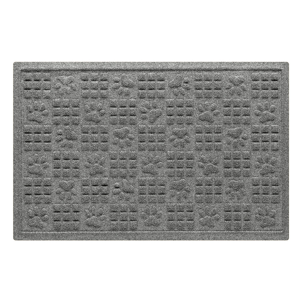 Overhead of a 2x3 medium grey durable WaterHog doormat in an alternating squares and dog paw print pattern.