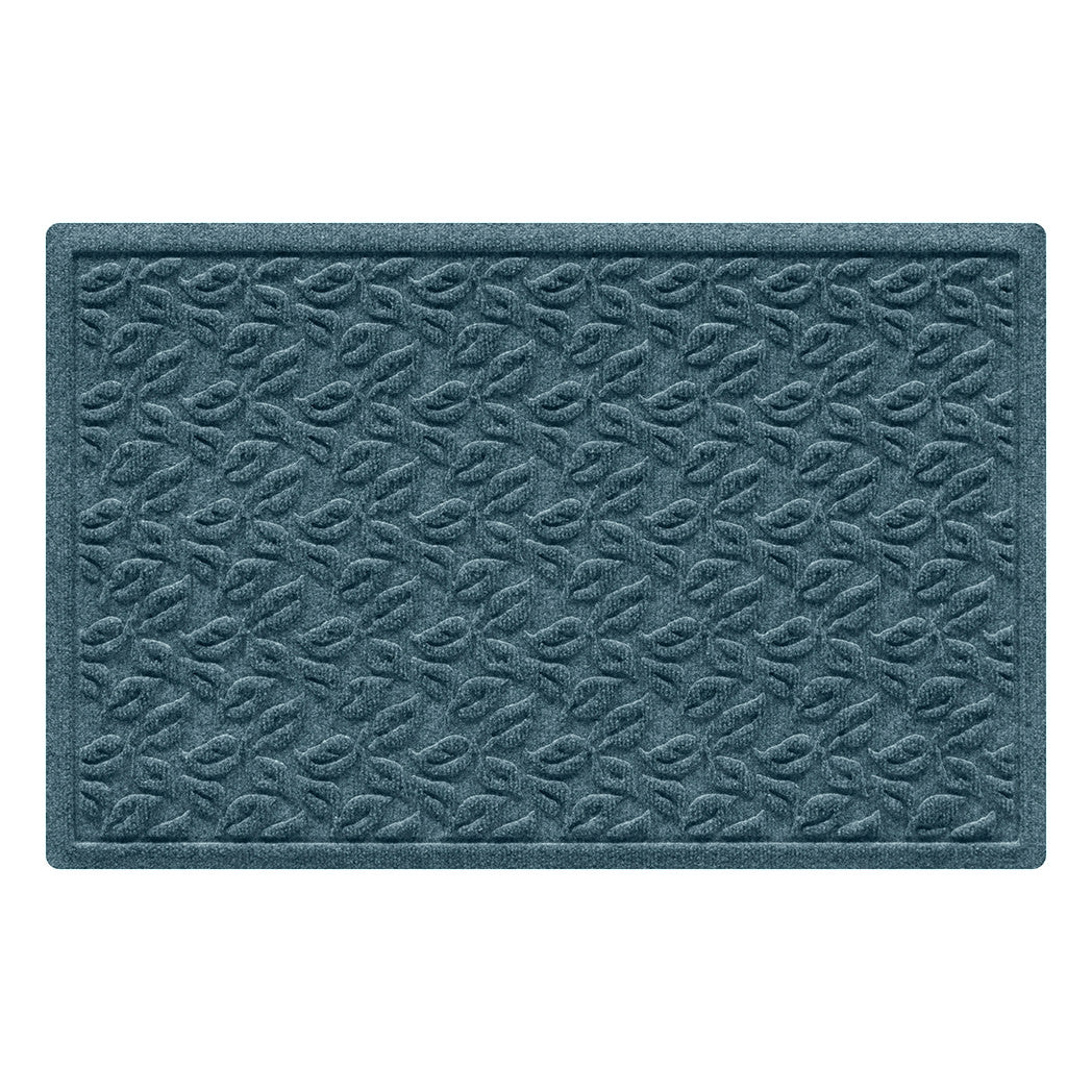 Creamy blue 2" x 3" doormat with a repetitive leaf bi-level design for scarping dirt