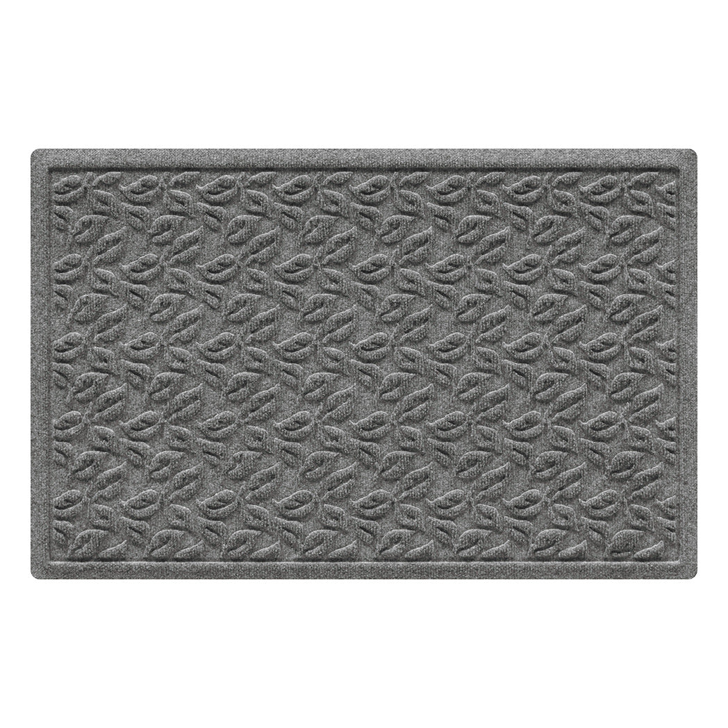 Single door doormat in grey featuring a leafy raised pattern with a water dam border