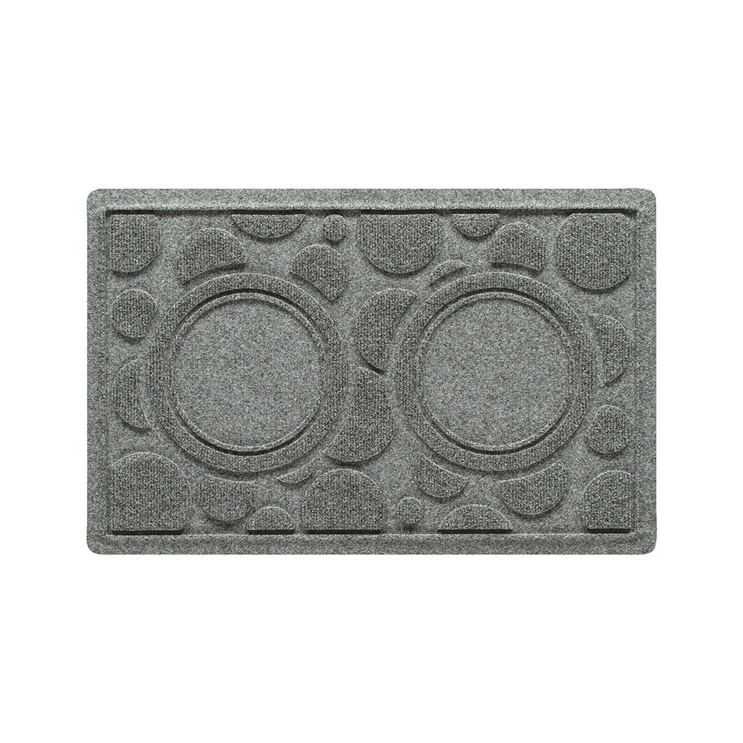 A 18x27 WaterHog Dots bowl mat overhead, in a light grey surface and durable rubber backing.