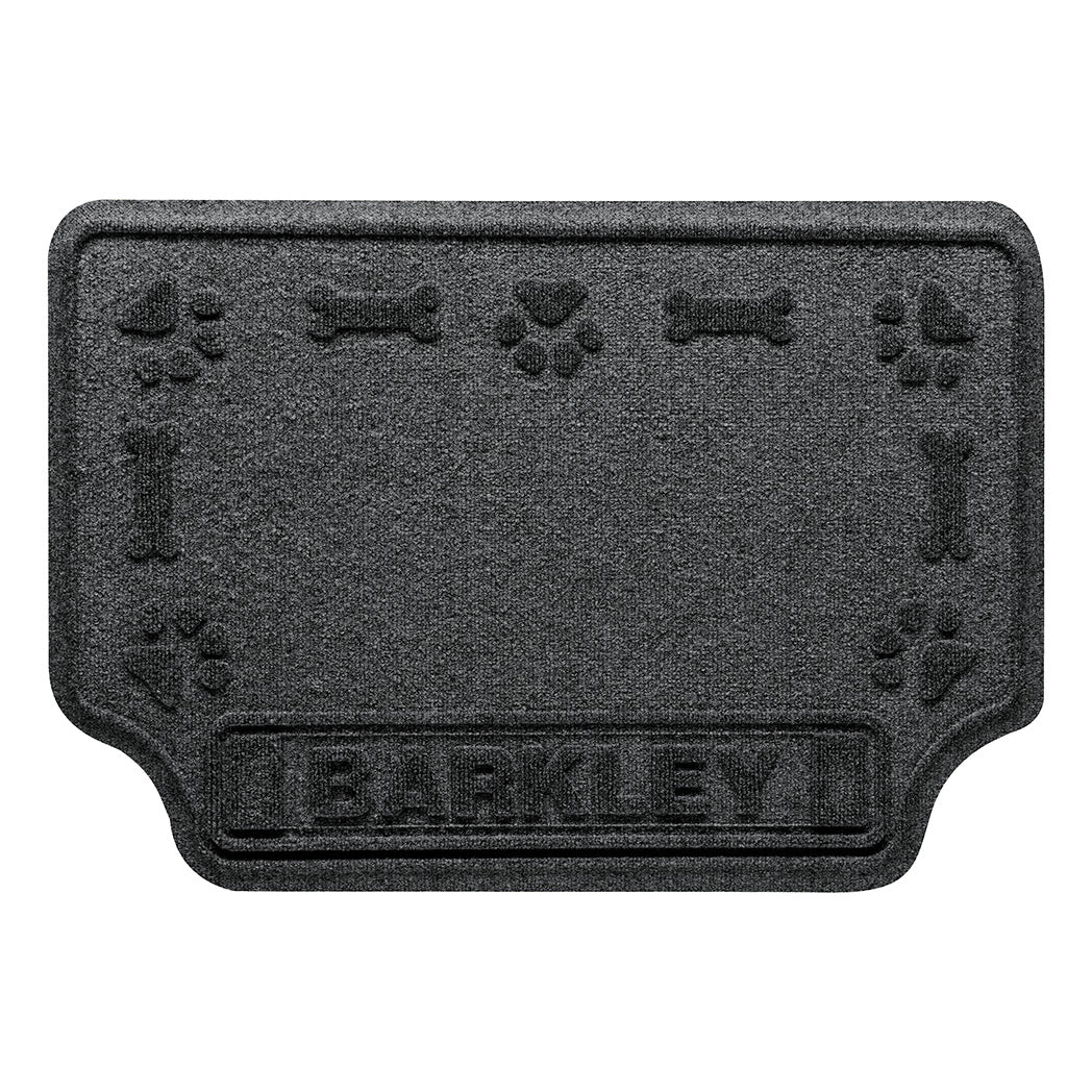 Overhead of a 2x3 WaterHog Drool Hog personalized bowl mat with a deep grey, fast-drying surface; an American-made mat.