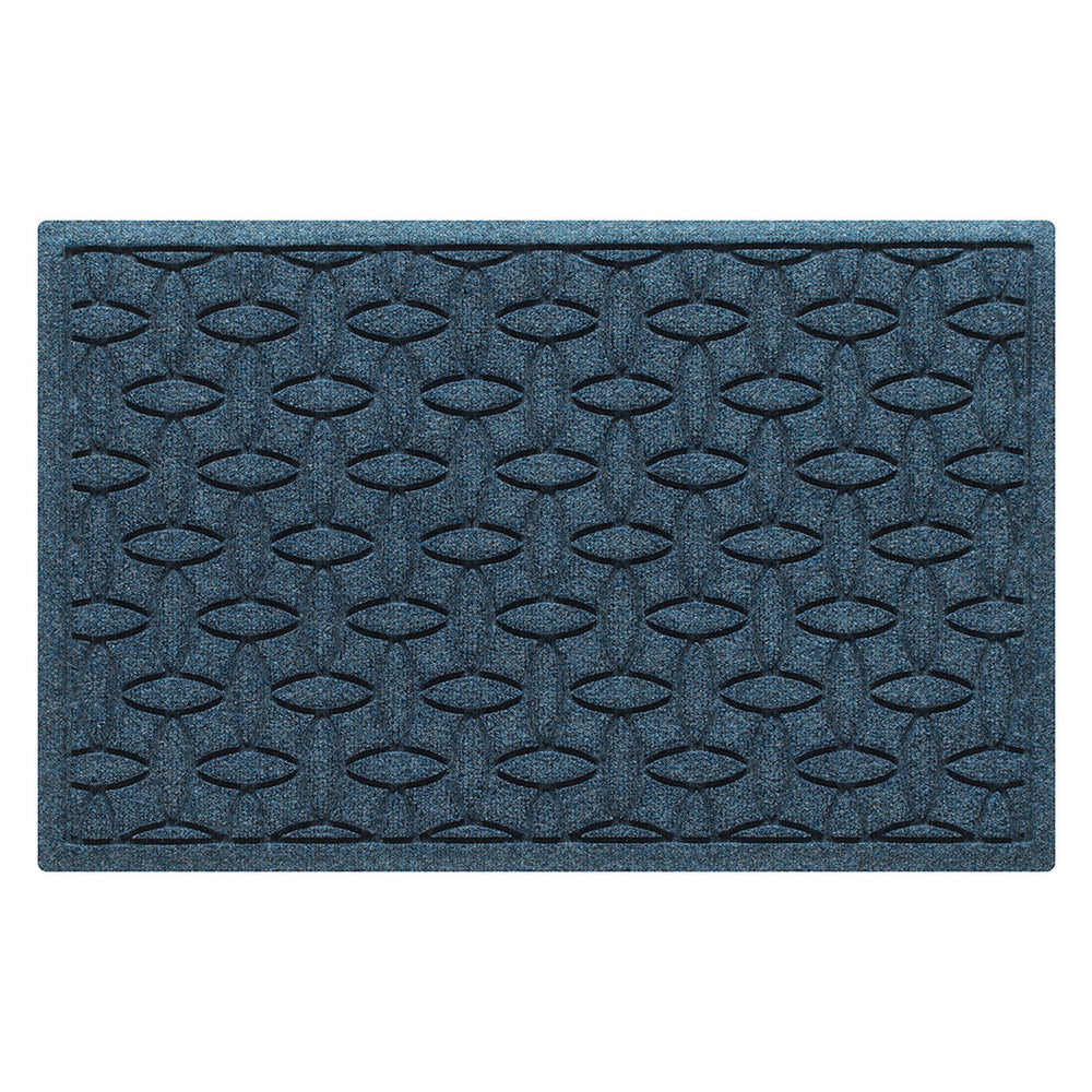 Overhead of a WaterHog modern indoor/outdoor door mat with a relaxed blue interlocking elliptical pattern.