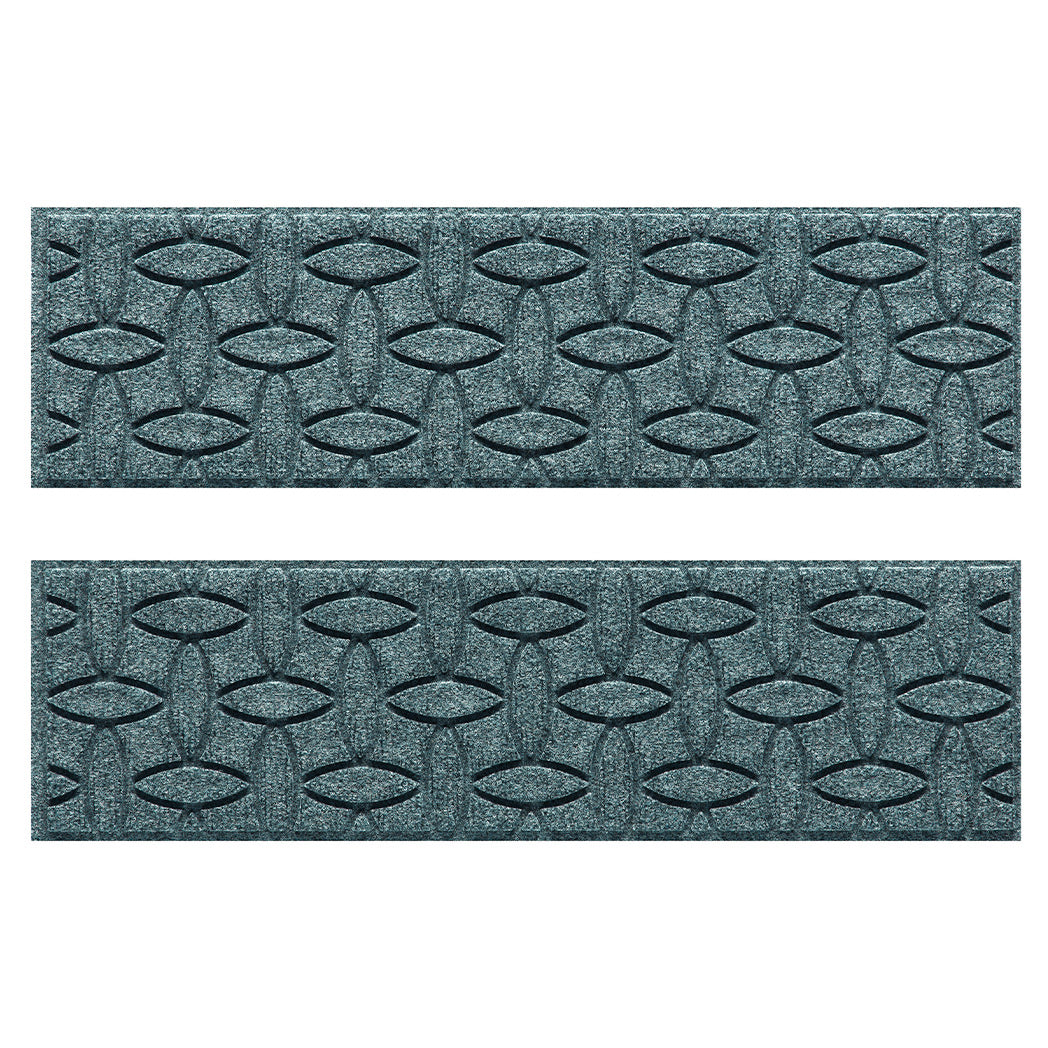 Pair of WaterHog Ellipse all-weather stair treads  in a light blue/grey interlocking elliptical design; an American-made mat.