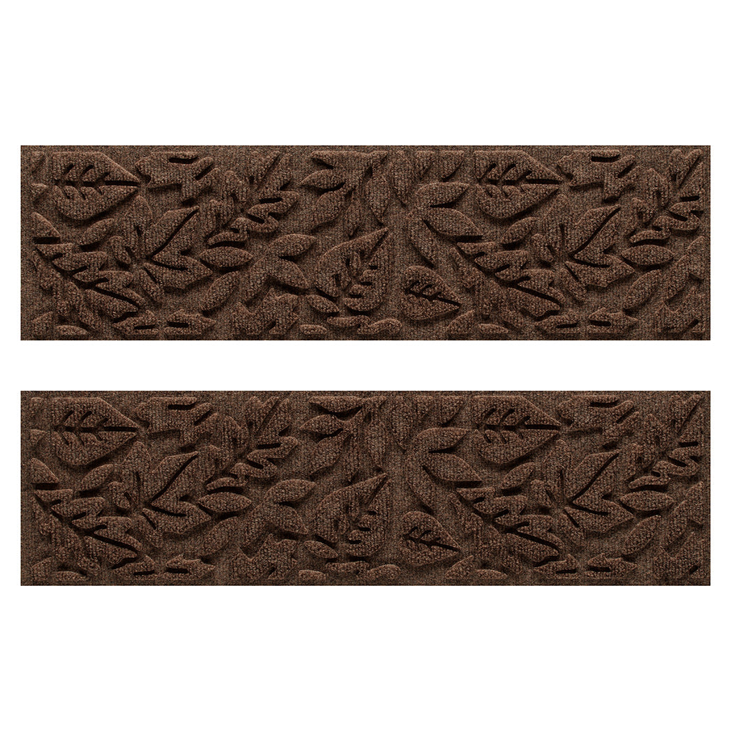 WaterHog indoor/outdoor stair treads in a dark earthy brown fallen leaves design; an American-made mat.