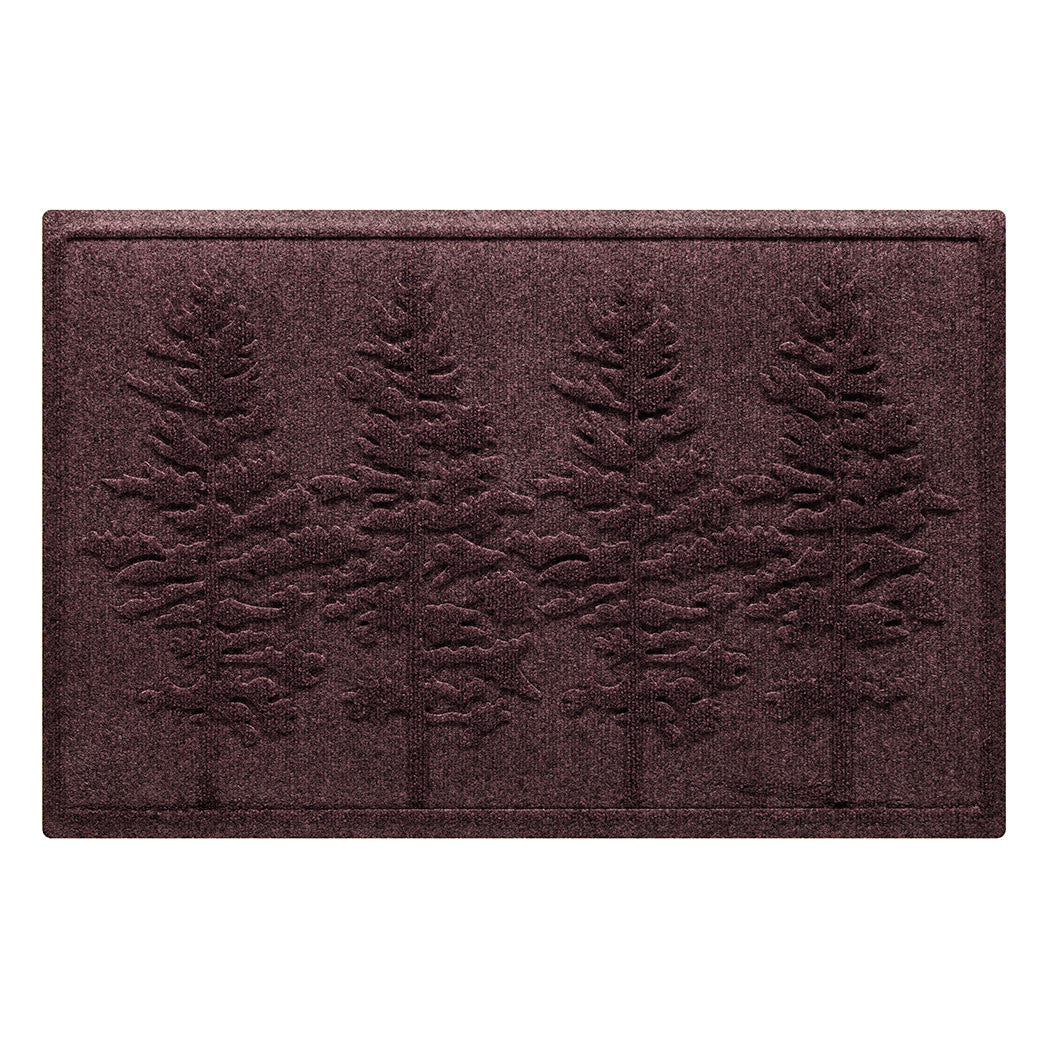 A medium, 2x3, WaterHog outdoor doormat in a deep wine red color with a fir tree design.