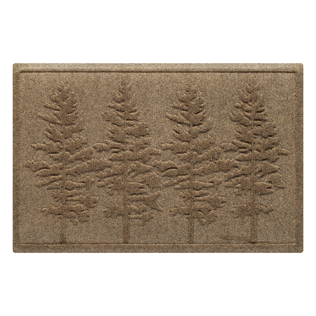 A medium, 2x3, WaterHog indoor/outdoor doormat in a light tan color with a fir tree design.