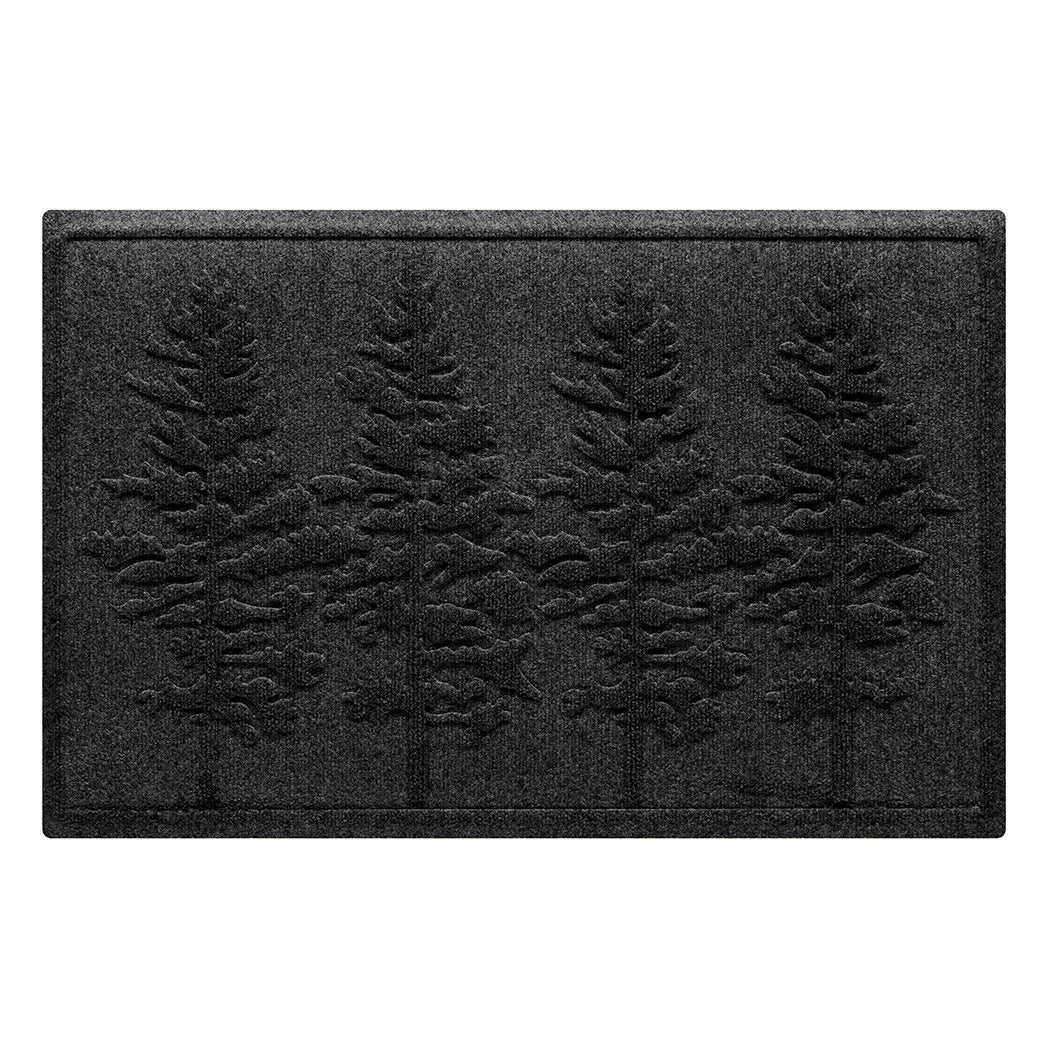 A medium, 2x3, WaterHog indoor/outdoor door mat in a dark grey color with a fir tree design.