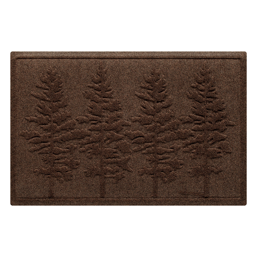 A medium, 2x3, WaterHog front doormat in a dark brown color with a fir tree design.