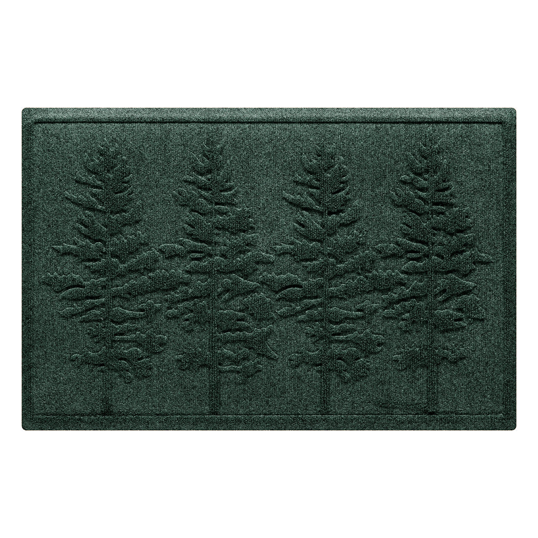 A WaterHog Fir Lineup door mat in a deep green color with a bi-level design displaying four fir trees.