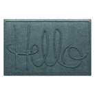 A WaterHog Hello front door mat in a blue/grey color with an elevated design that spells hello.