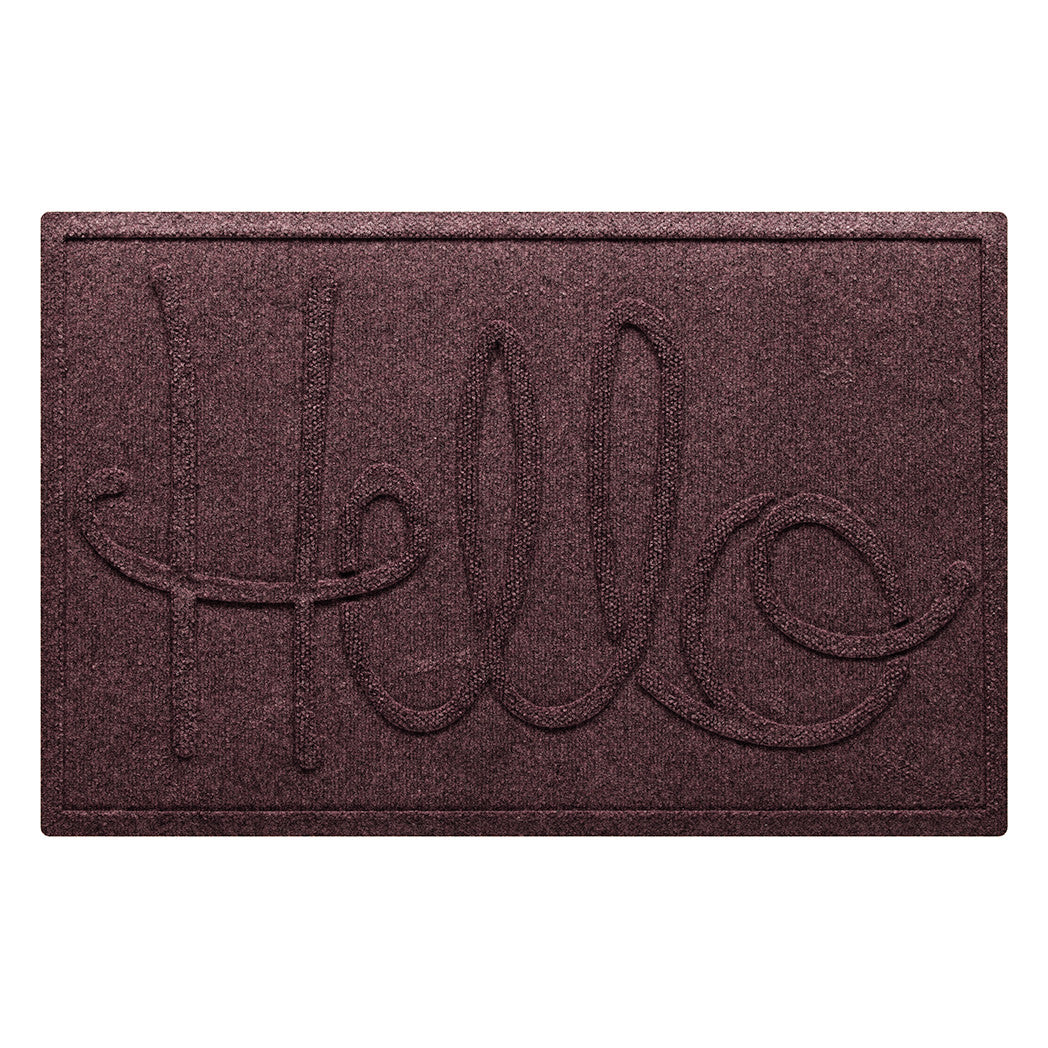 A WaterHog Hello front door mat in a burgandy color with an elevated design that spells hello.