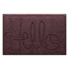 A WaterHog Hello front door mat in a burgandy color with an elevated design that spells hello.