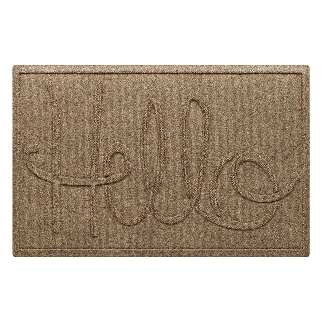 A WaterHog Hello front door mat in a tan color with an elevated design that spells hello.