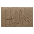 A WaterHog Hello front door mat in a tan color with an elevated design that spells hello.