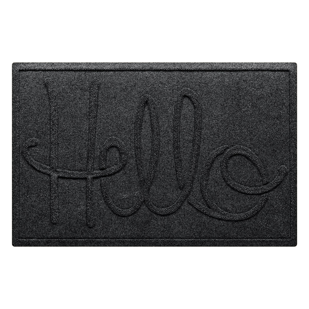 A WaterHog Hello front door mat in a dark grey color with an elevated design that spells hello.