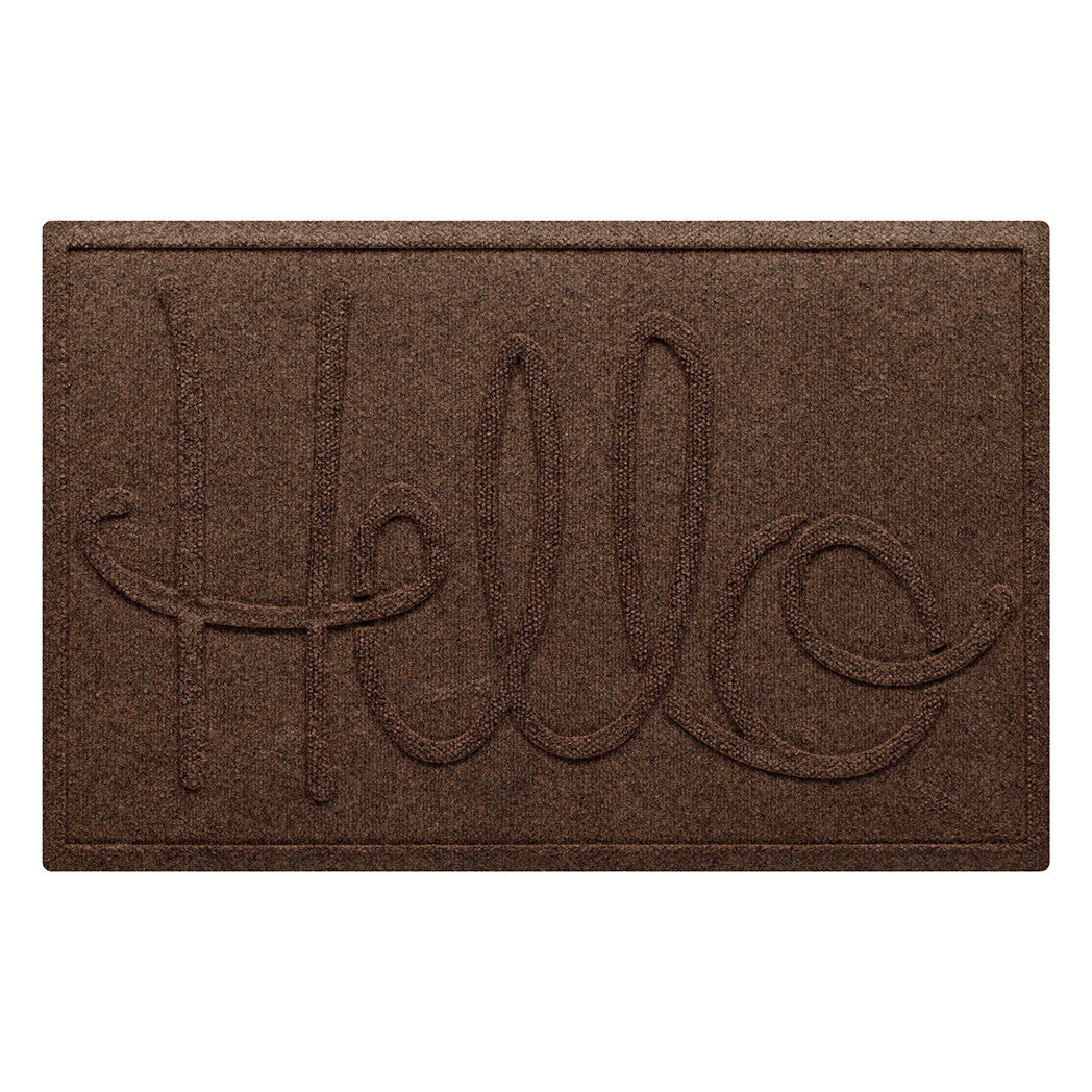 A WaterHog Hello front door mat in an earthy brown color with an elevated design that spells hello.