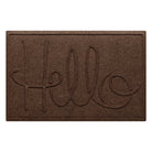 A WaterHog Hello front door mat in an earthy brown color with an elevated design that spells hello.