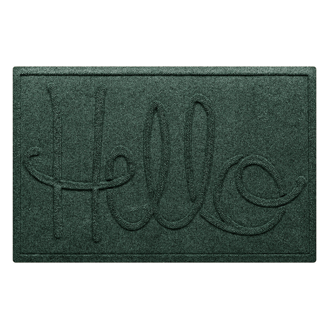 A WaterHog Hello front door mat in a deep green color with an elevated design that spells hello.