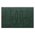 A WaterHog Hello front door mat in a deep green color with an elevated design that spells hello.