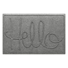 A WaterHog Hello front door mat in a light grey color with an elevated design that spells hello.