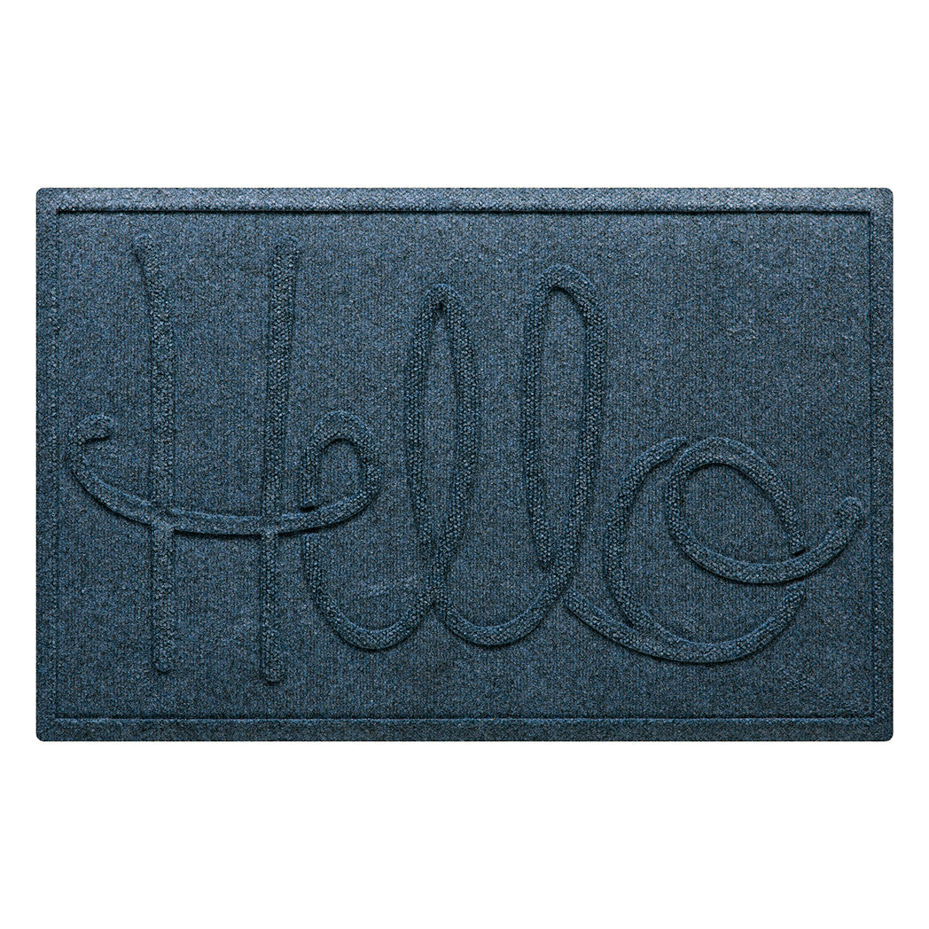 A WaterHog Hello front door mat in a navy color with an elevated design that spells hello.