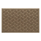 An OG WaterHog 2x3 indoor/outdoor doormat in a light tan cheveron-like design, eco-friendly surface, and durable rubber backing.