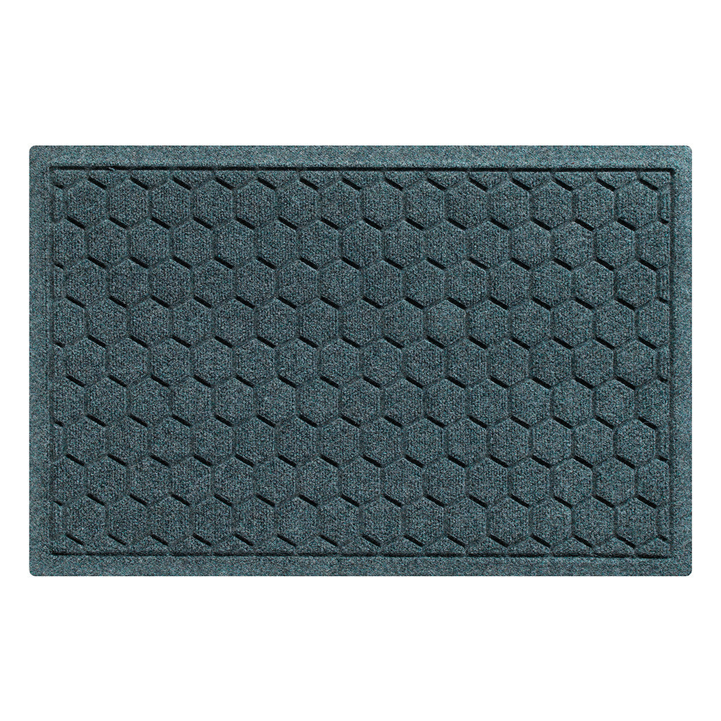 A WaterHog Honeycomb outdoor doormat in blue/grey, featuring a hexagonal pattern displayed on a white background.