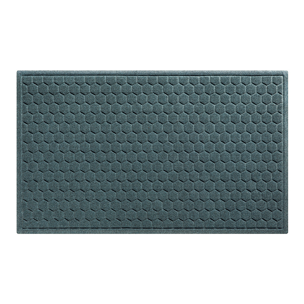 A large 3x5 WaterHog Honeycomb outdoor doormat in blue/grey, featuring a hexagonal pattern displayed on a white background.