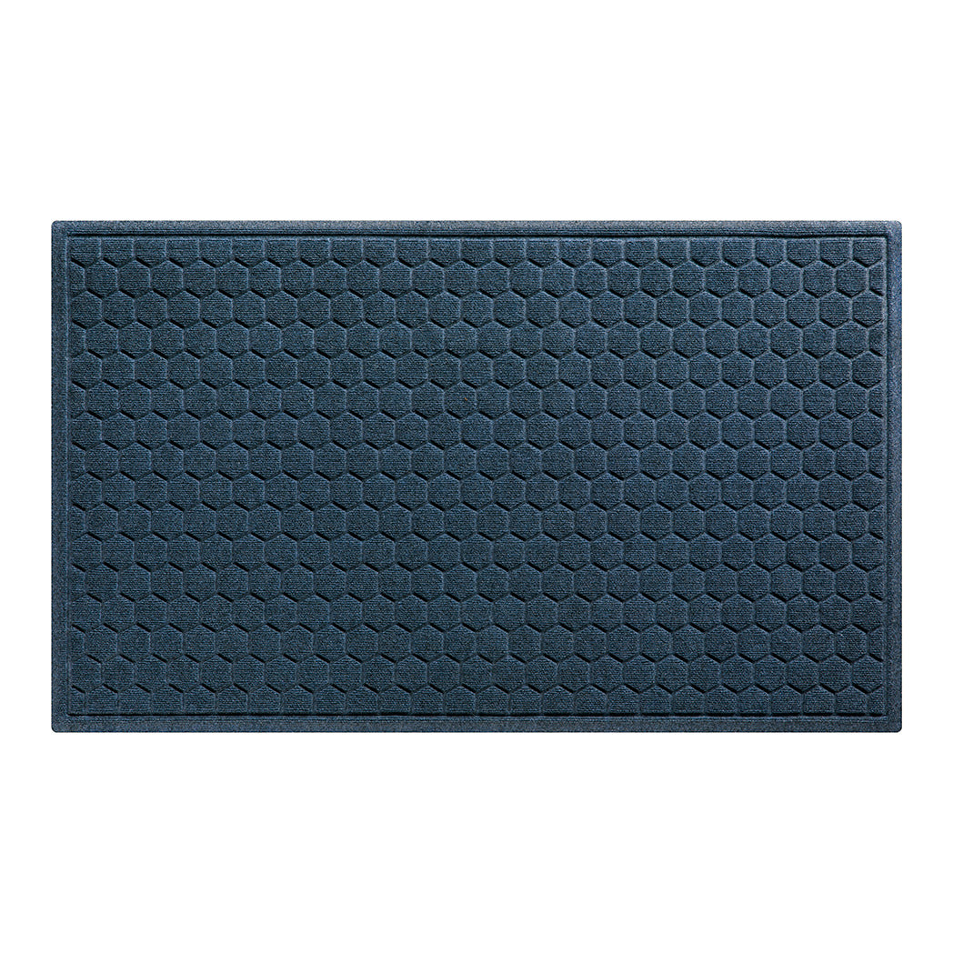 A large 3x5 WaterHog Honeycomb doormat in navy blue, featuring a hexagonal pattern on a white background.