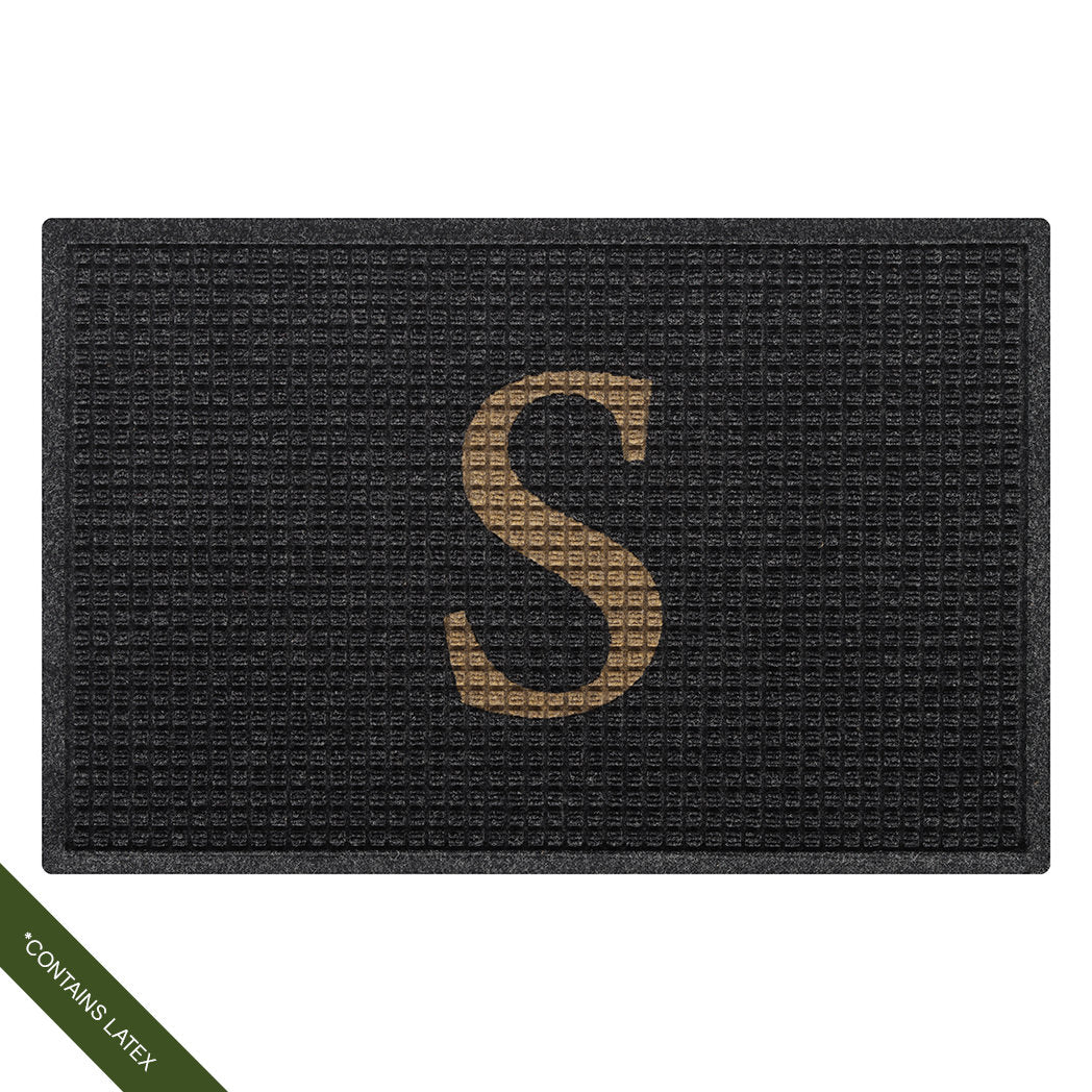 Single door-sized WaterHog doormat in the original Squares pattern monogrammed with a hand insert, serif 'S' in the color camel
