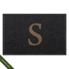 Single door-sized WaterHog doormat in the original Squares pattern monogrammed with a hand insert, serif 'S' in the color camel
