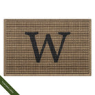 The original WaterHog Squares doormat in camel monogrammed with a serif capital 'W' in charcoal in the center; latex disclaimer