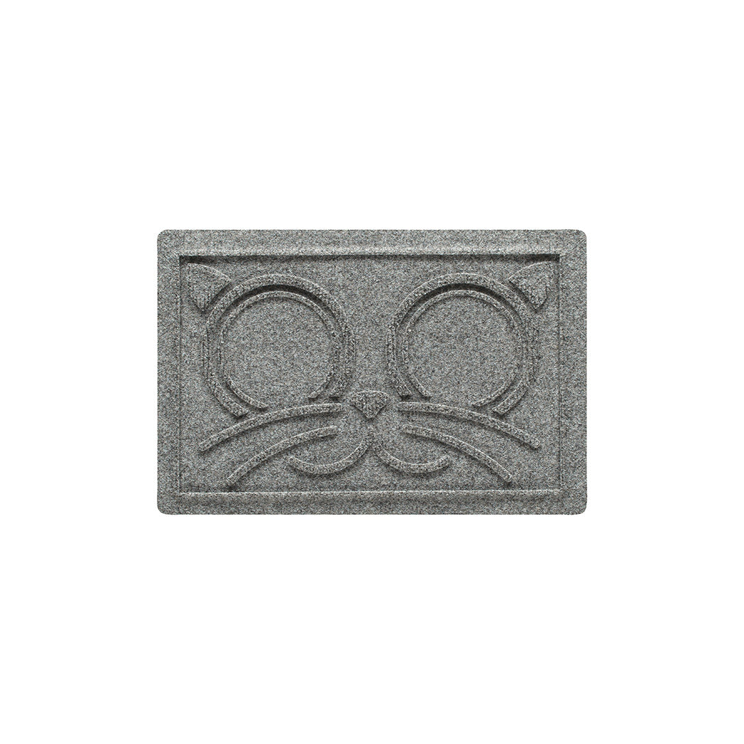 A 12x18 WaterHog Kitty Face bowl mat overhead, in a light grey, fast-drying surface.