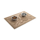 Angled WaterHog Kitty Face large bowl mat in camel with two dog dishes all on a white background.