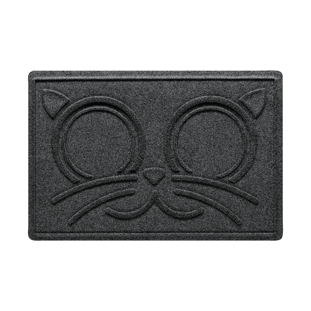 A 12x18 WaterHog Kitty Face bowl mat overhead, with a deep grey, fast-drying surface; an American-made mat.