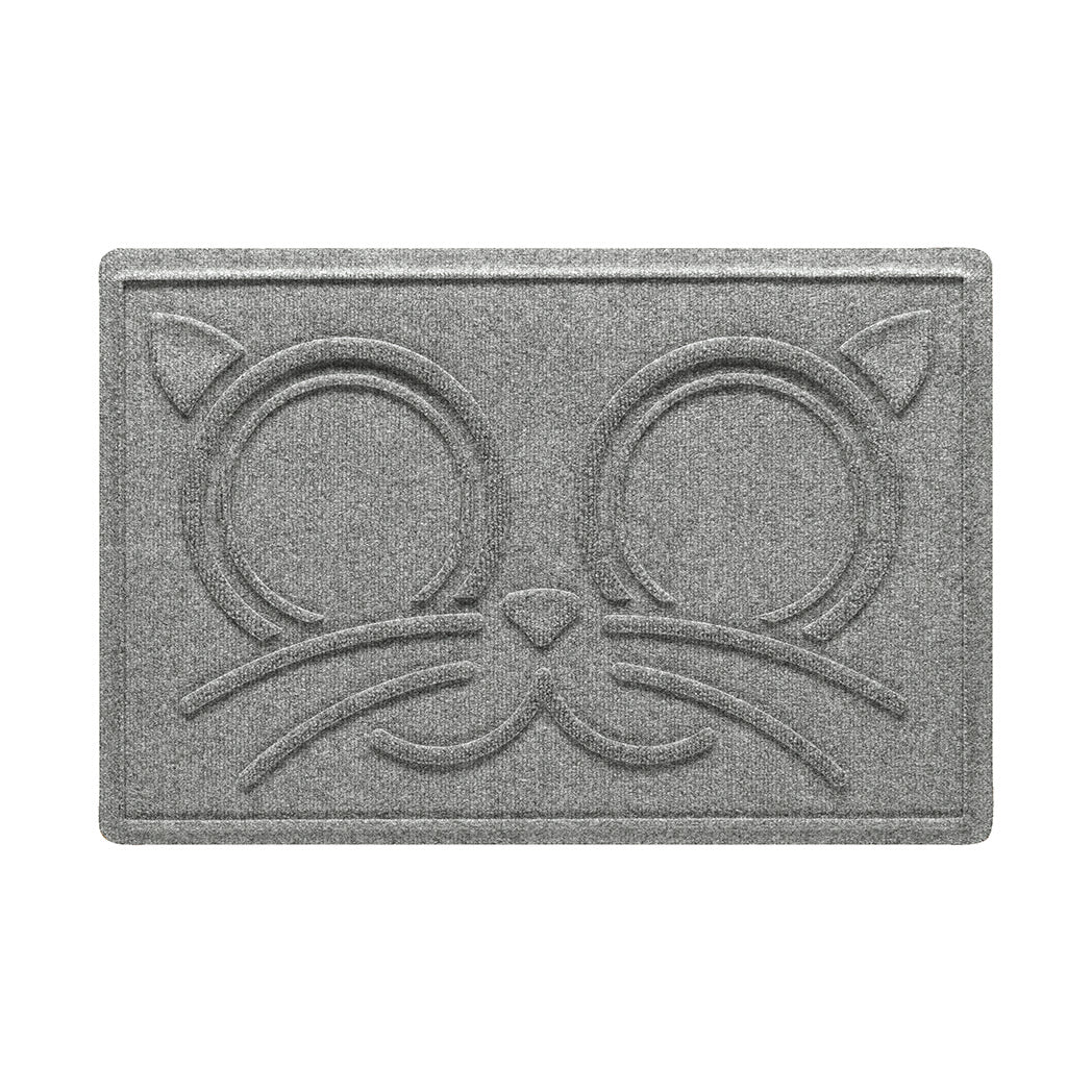 A 12x18 WaterHog Kitty Face bowl mat overhead, with a light grey, fast-drying surface; an American-made mat.